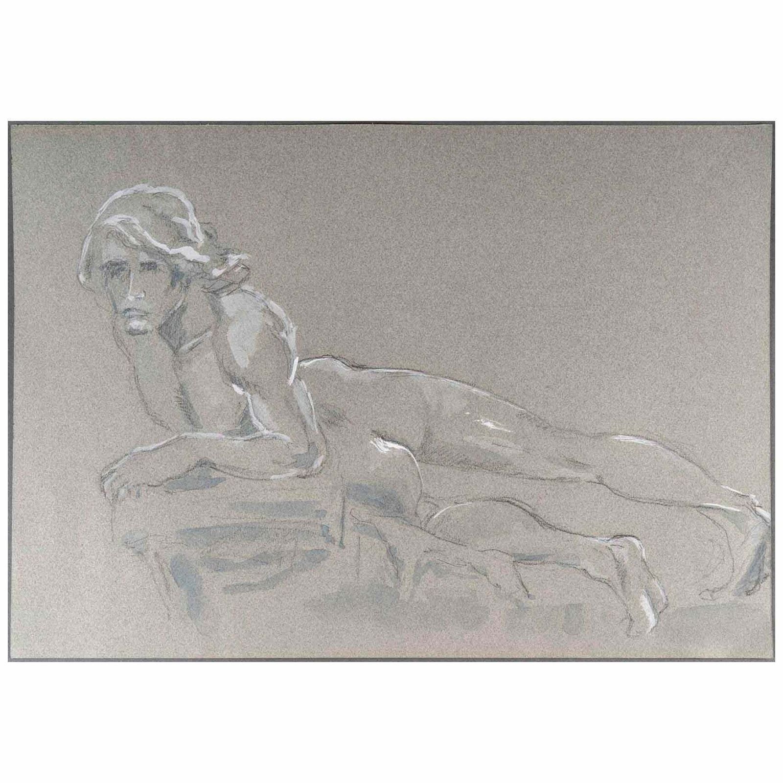 Pencil And Watercolour Drawing On Paper Of A Reclining Man, 20th Century.