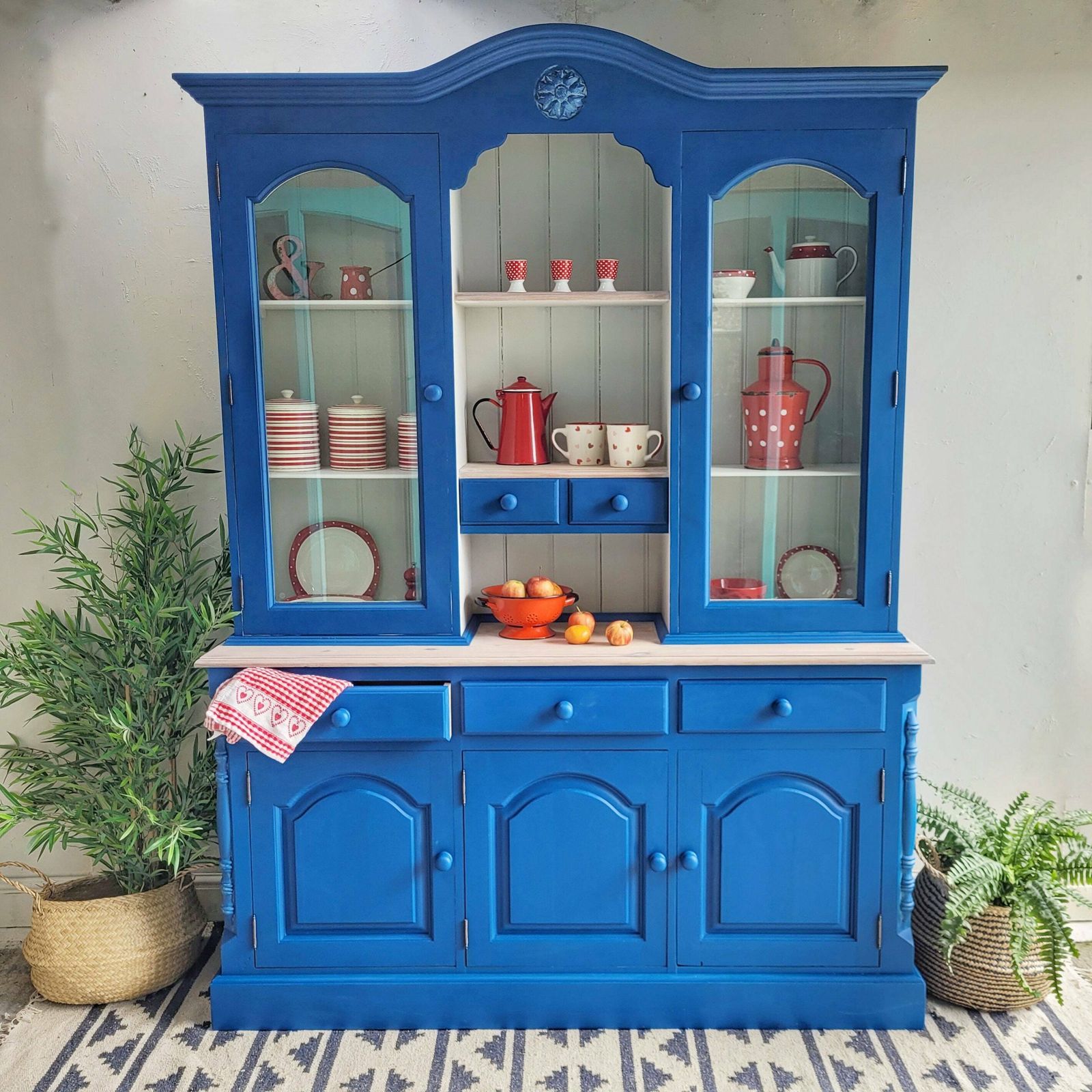 Commission Item Large Blue And White Welsh Hand Painted Pine Kitchen Dresser