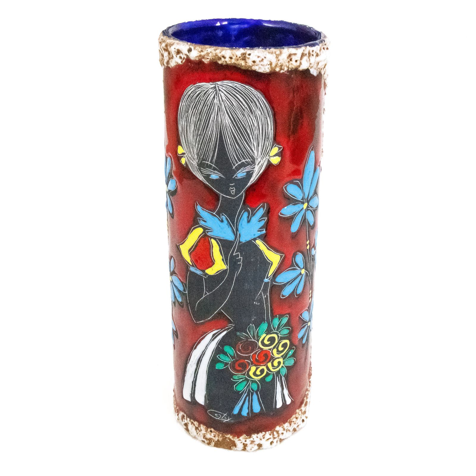 Italian 1950s/1960s Ceramic Lava Vase By Caby With Stylised Girl Portrait
