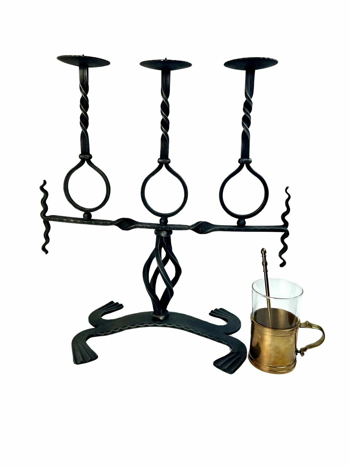 Large 3 Candle Wrought Iron Candle Holder, Altar Candle Holder, Brutalist Gothic, Rustic Candelabra From Switzerland photo vintage