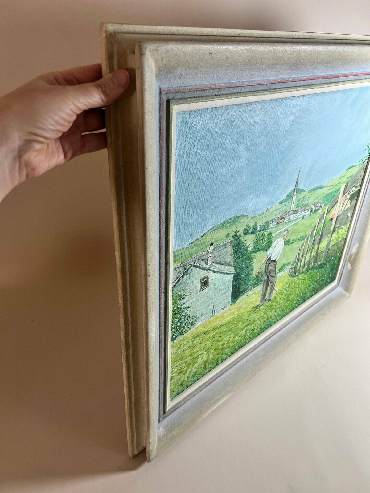 Original Framed Painting Of Swiss Village, Church And Farmer, Art From Switzerland, Farmer Portrait photo vinterior
