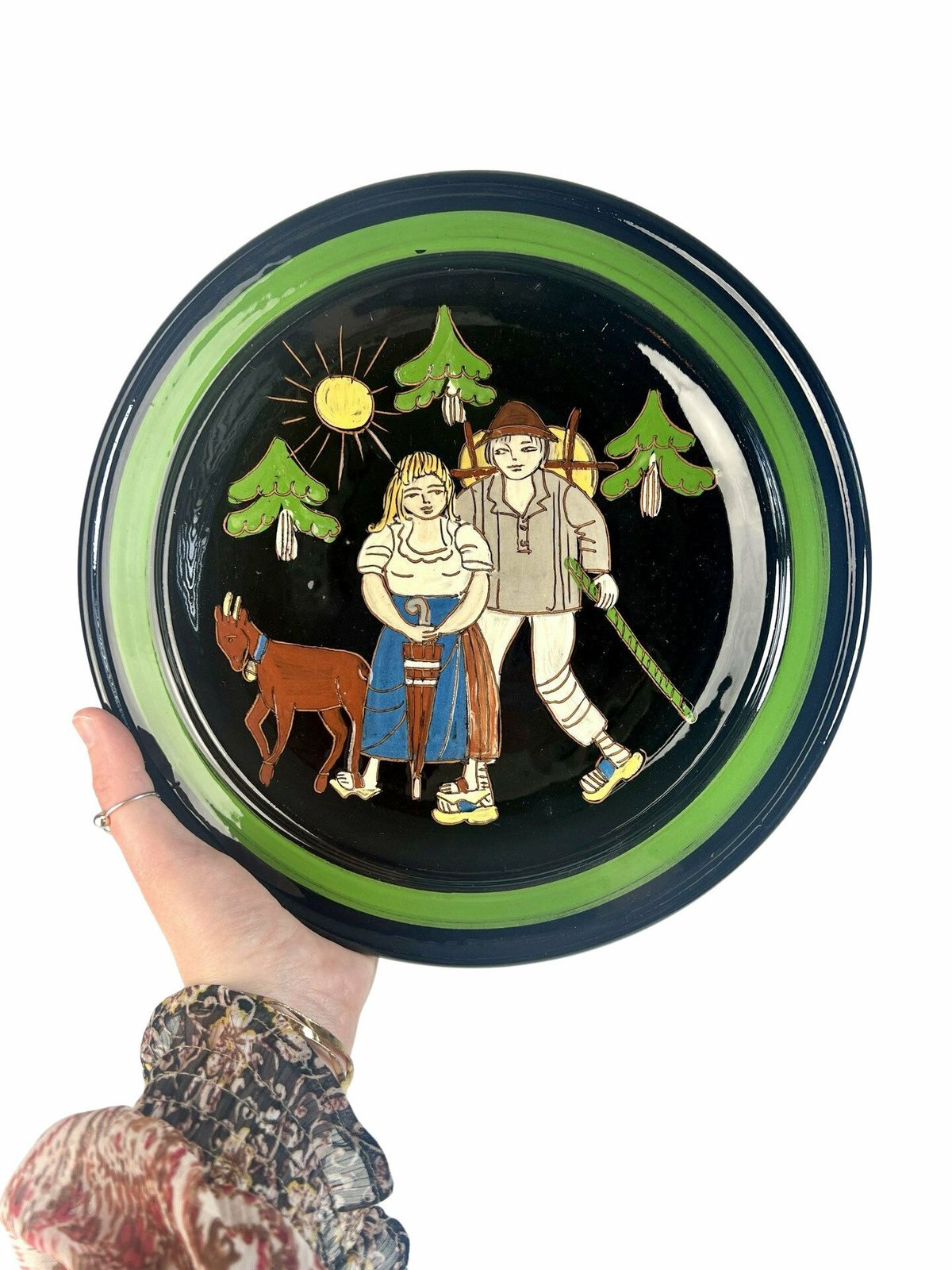 Swiss Pottery Wall Plate, Young Farmer Couple Dark Brown Mid Century Aesthetic Farming Motif Grandpa Grandma Chic Wedding Gift Switzerland photo 131.0
