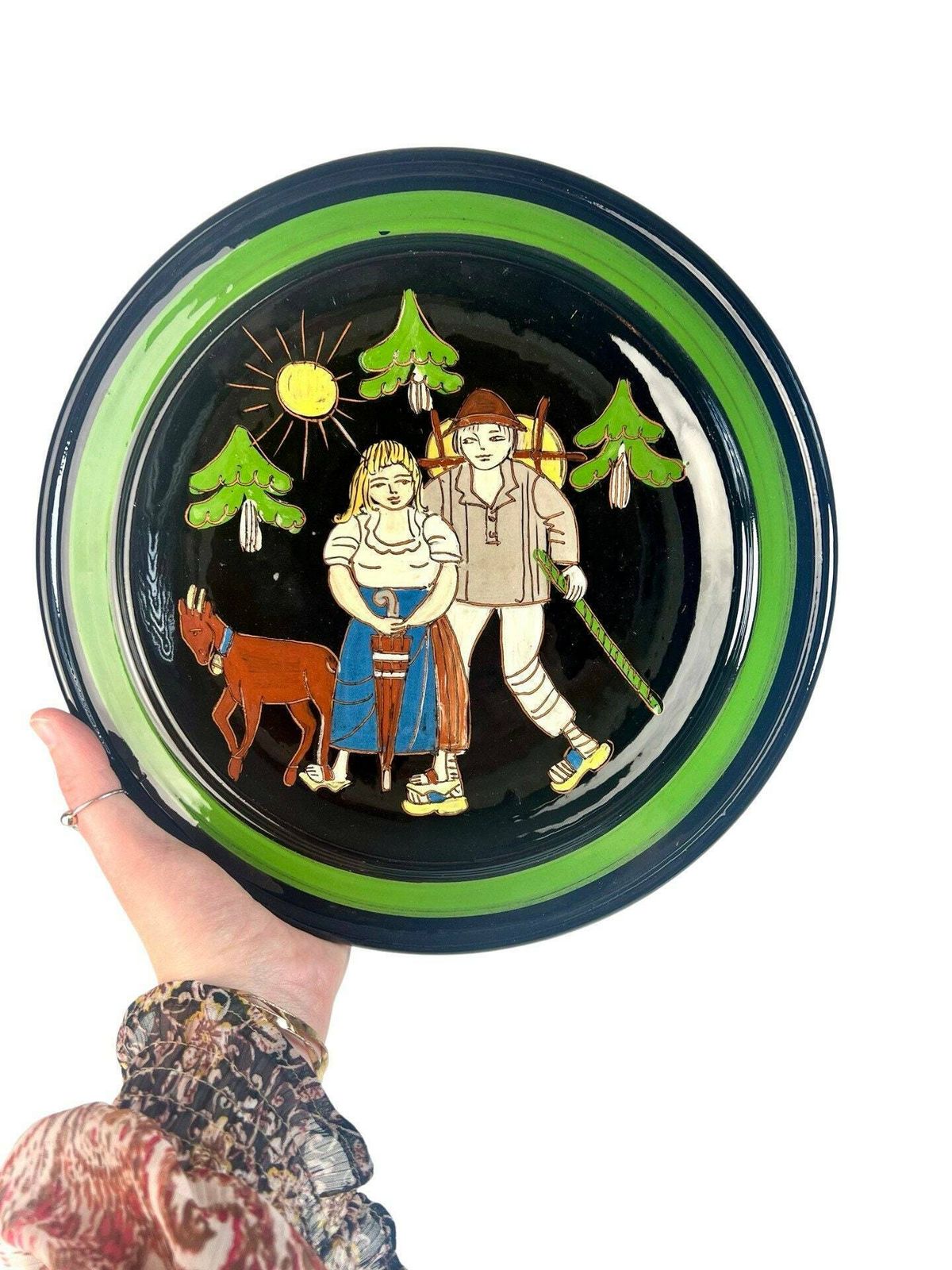 Swiss Pottery Wall Plate, Young Farmer Couple Dark Brown Mid Century Aesthetic Farming Motif Grandpa Grandma Chic Wedding Gift Switzerland