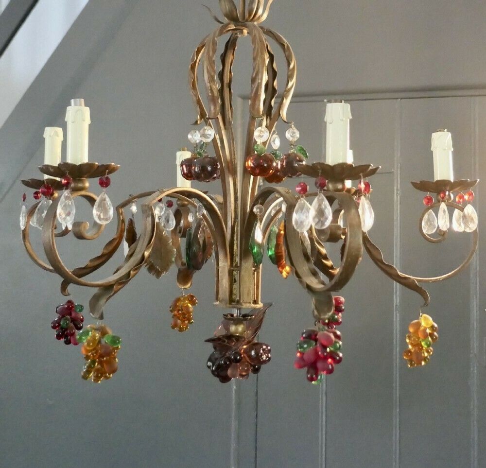 6 Branch Chandelier Hung With Coloured Crystal Fruits, Grapes, Apples And Pears photo Lighting
