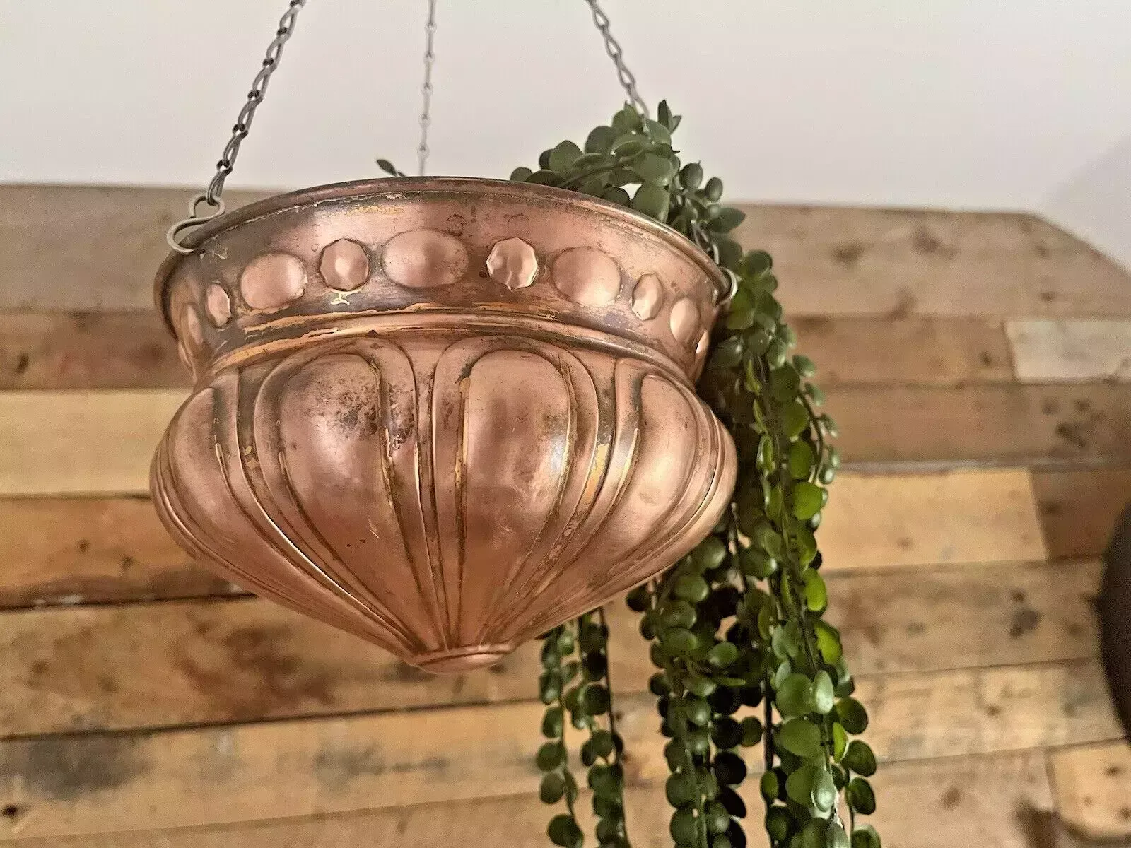 Antique Art Nouveau Swedish Copper Hanging Basket Planter Plant Pot Vintage Boho photo furniture