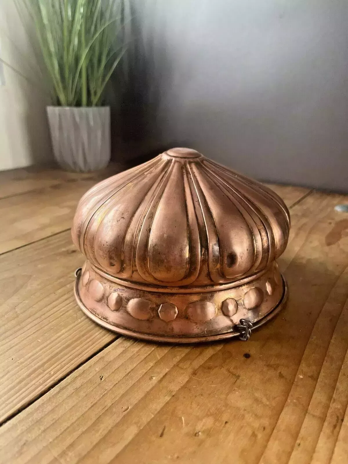 Antique Art Nouveau Swedish Copper Hanging Basket Planter Plant Pot Vintage Boho photo for sale