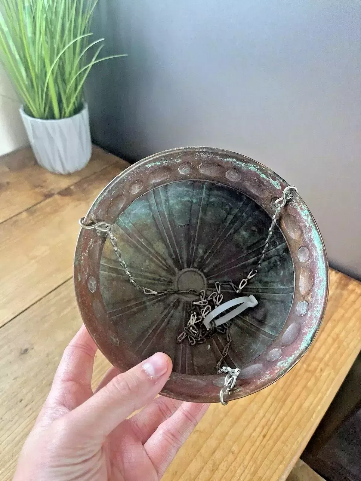 Antique Art Nouveau Swedish Copper Hanging Basket Planter Plant Pot Vintage Boho photo buy
