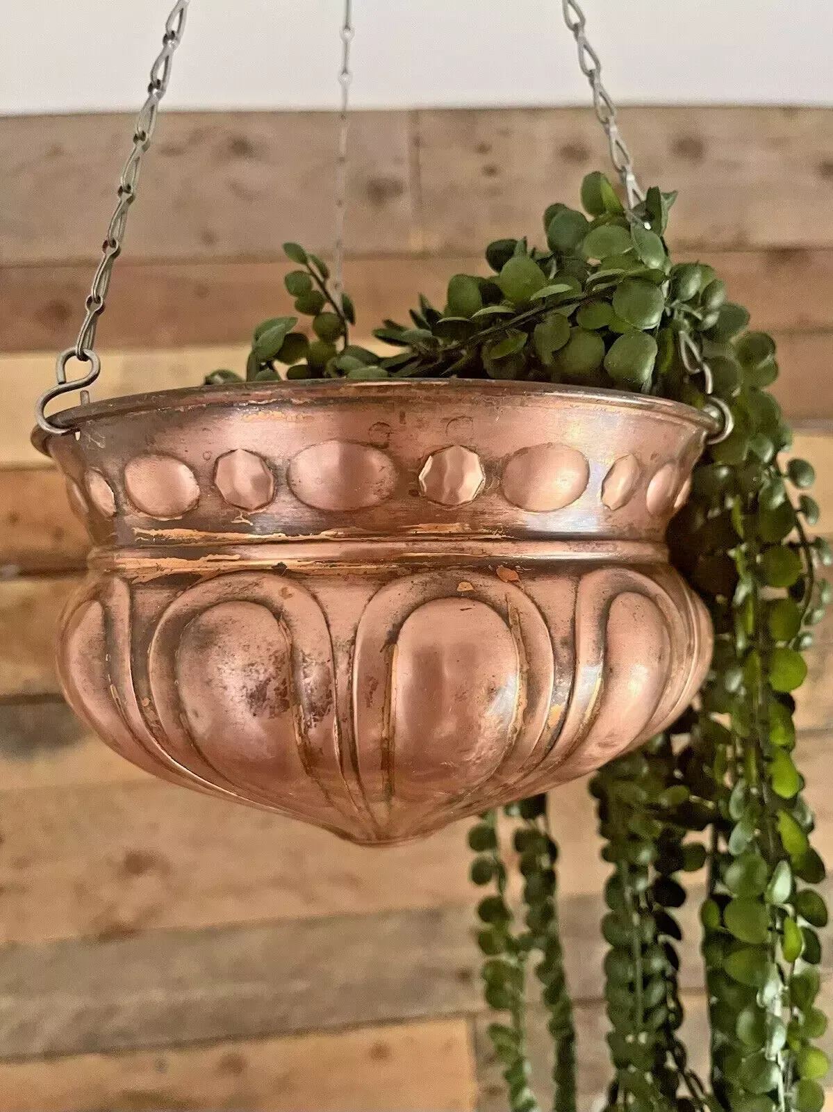 Antique Art Nouveau Swedish Copper Hanging Basket Planter Plant Pot Vintage Boho photo vintage