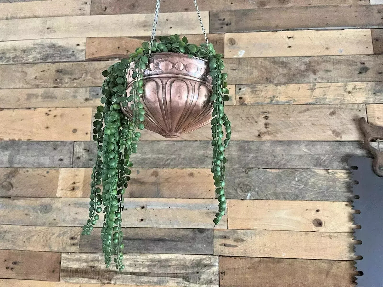 100.0 Antique Art Nouveau Swedish Copper Hanging Basket Planter Plant Pot Vintage Boho photo