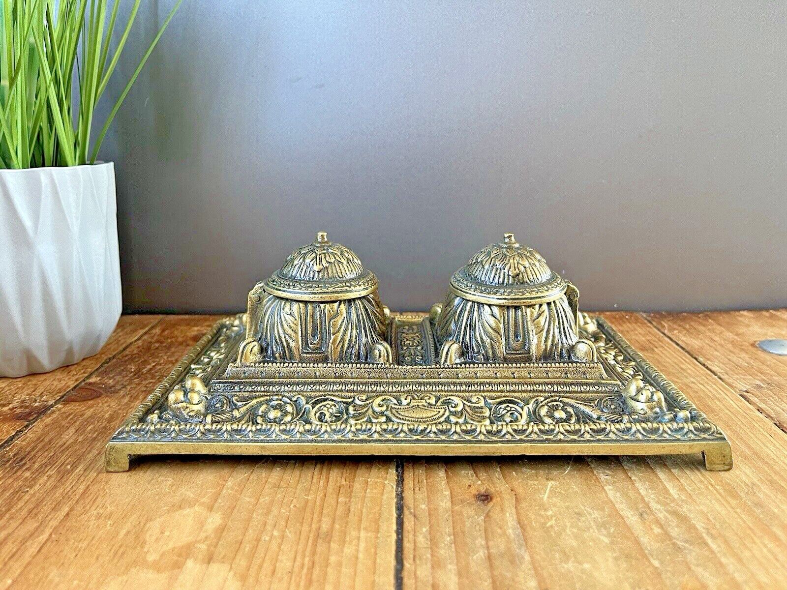 Quality Antique Heavy Brass Double Inkwell & Liners Office Desk Accessory Prop