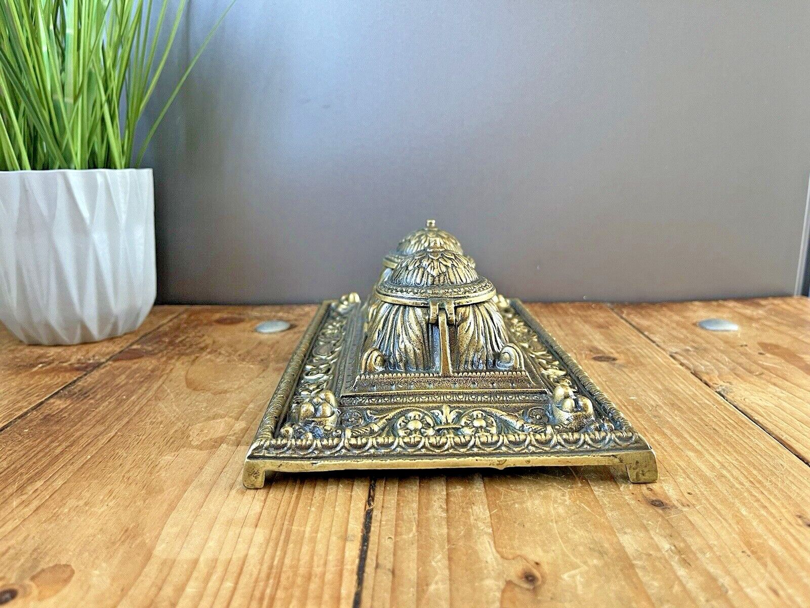 Quality Antique Heavy Brass Double Inkwell & Liners Office Desk Accessory Prop photo furniture