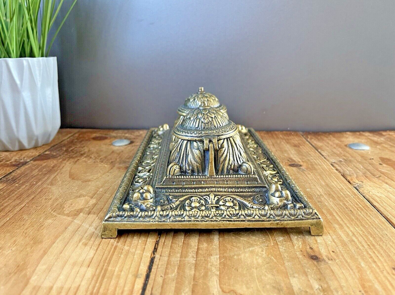 Quality Antique Heavy Brass Double Inkwell & Liners Office Desk Accessory Prop photo Home Decor