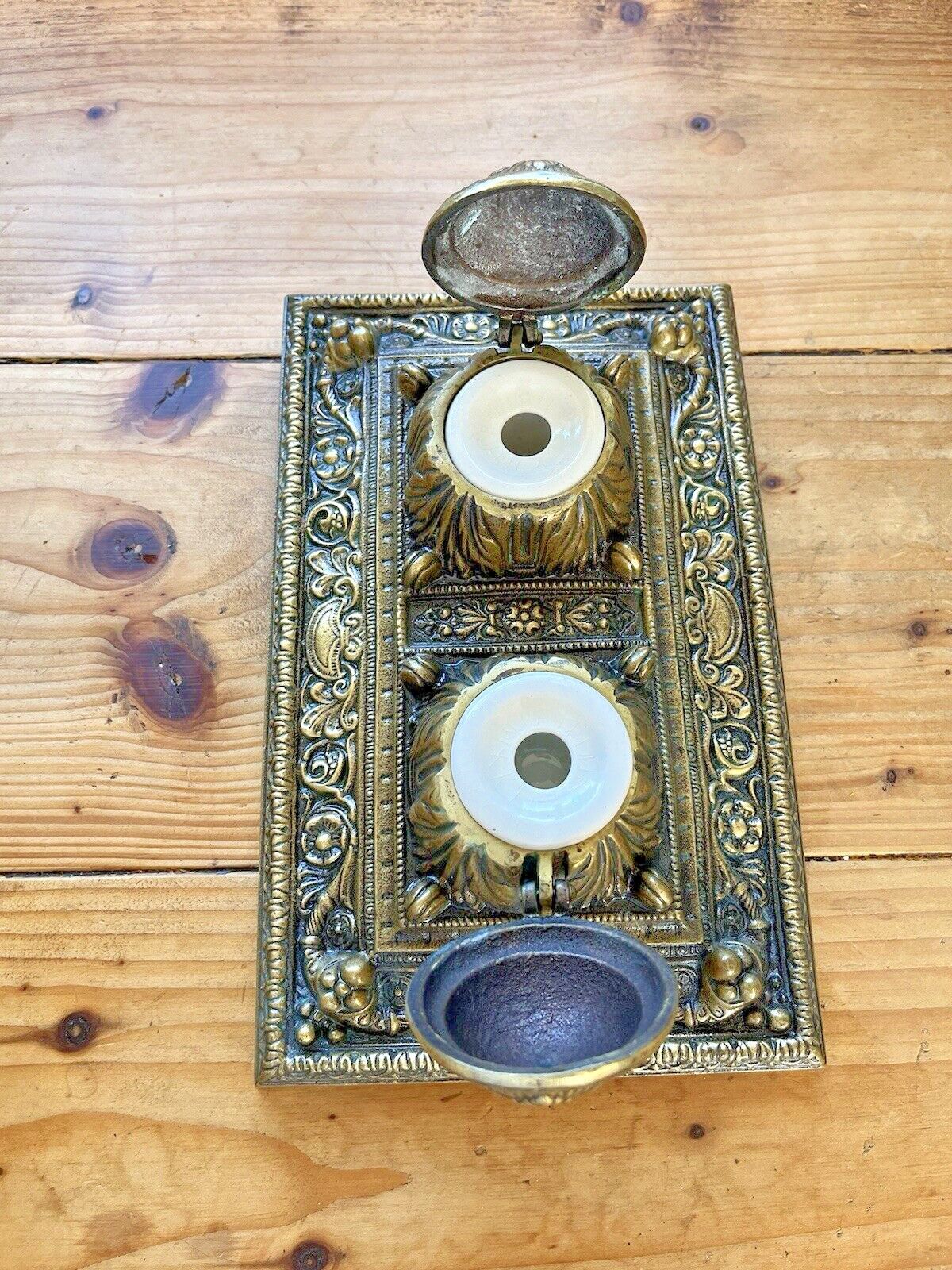Quality Antique Heavy Brass Double Inkwell & Liners Office Desk Accessory Prop photo vinterior