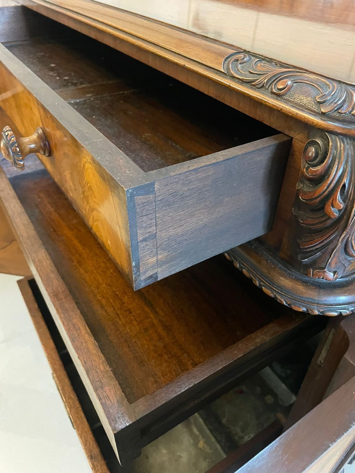 photo for sale Superb Quality Antique Early 20th Century Carved Burr Walnut Sideboard By Maple And Co.