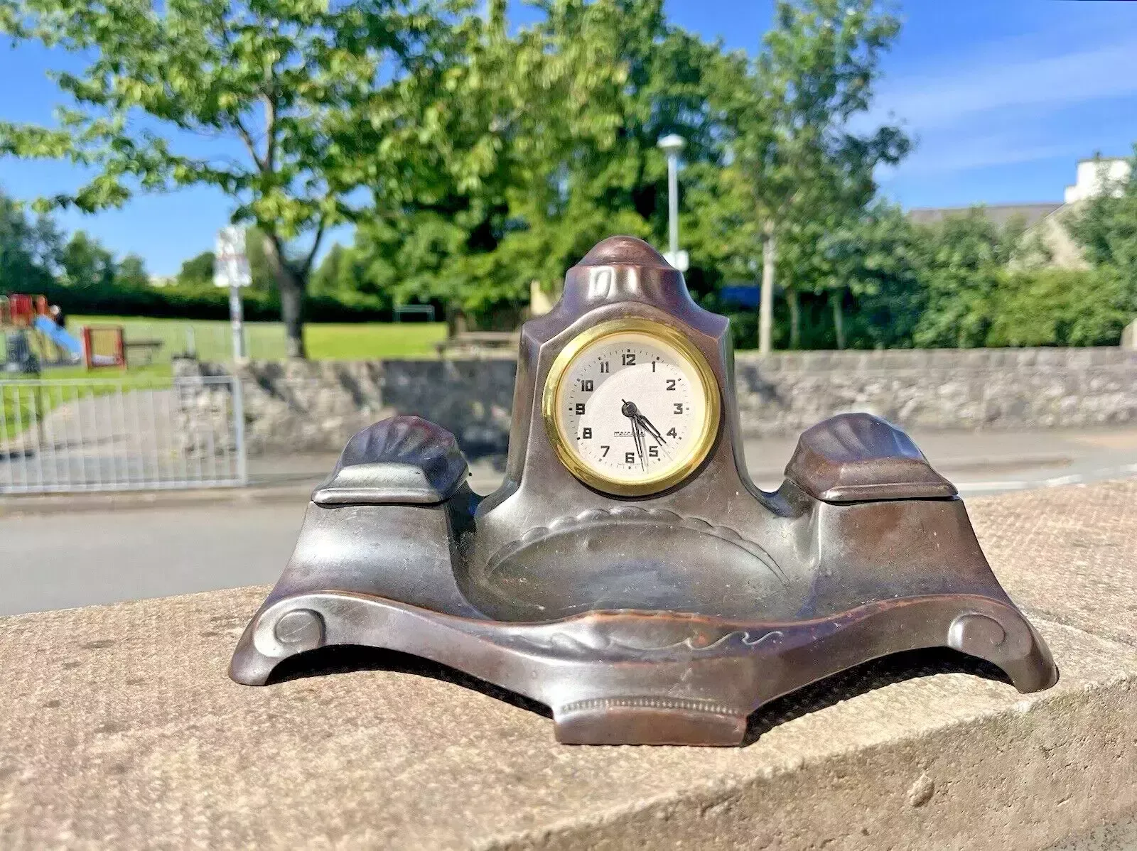 Home Decor Art Nouveau Jugendstil Mercedes Desk Clock Garniature Inkwell Set Germany Metal photo