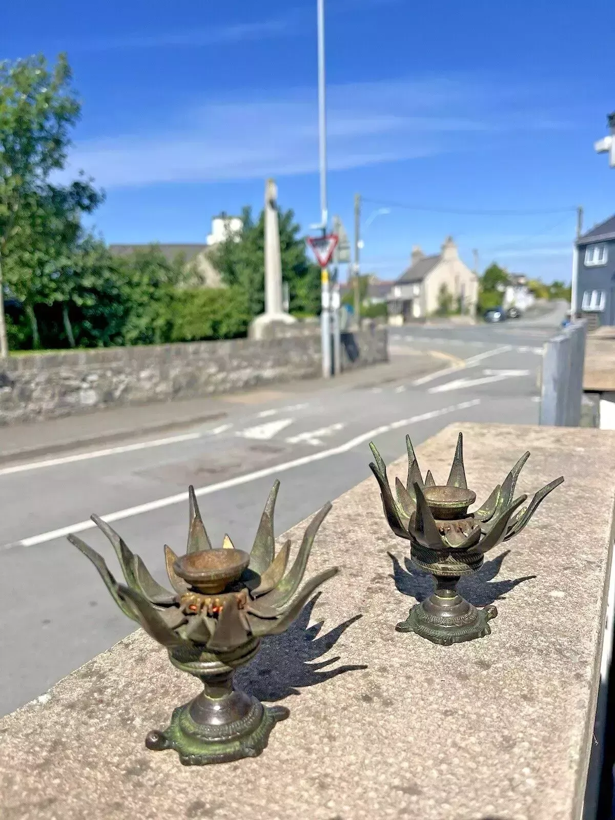 Pair Of Antique 19th C Burmese Bronze Lotus Flower Incense Burner Candle Holders