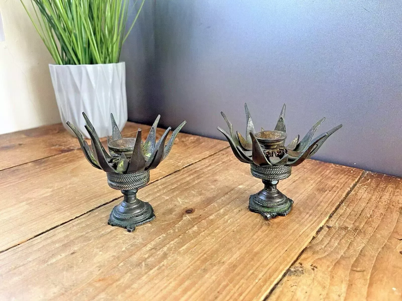 Pair Of Antique 19th C Burmese Bronze Lotus Flower Incense Burner Candle Holders photo furniture