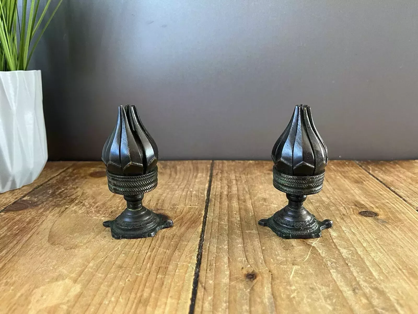 Pair Of Antique 19th C Burmese Bronze Lotus Flower Incense Burner Candle Holders photo vintage