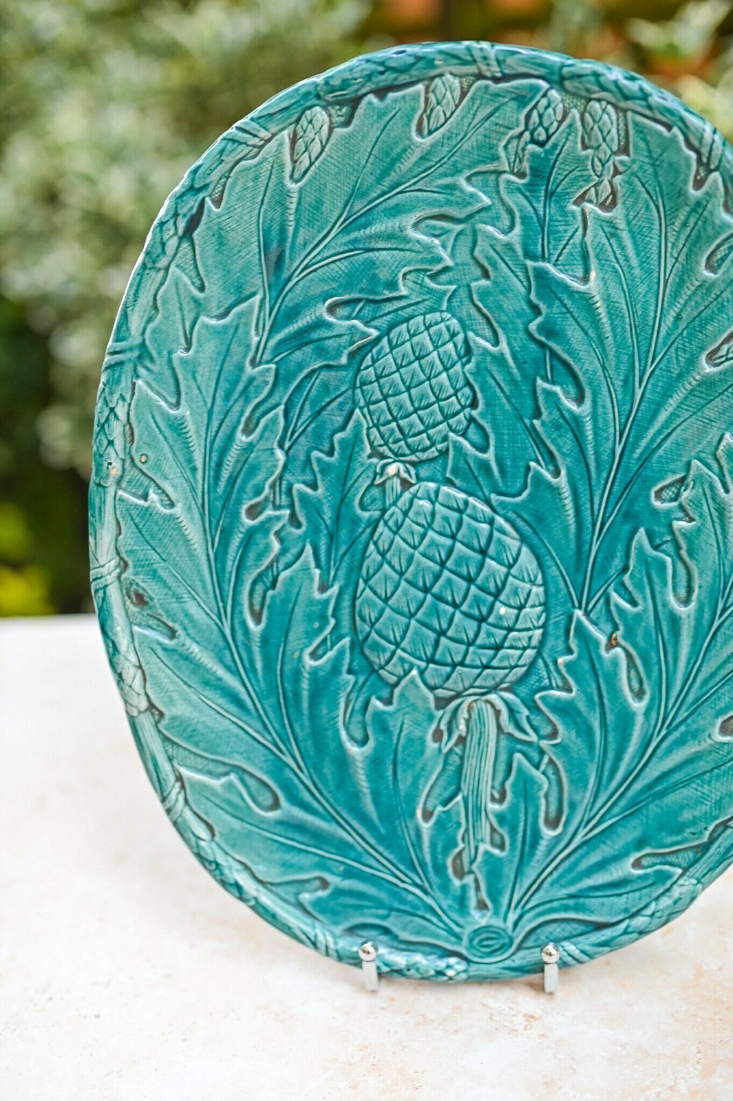 Asparagus And Artichokes Majolica Dish, French Green Majolica photo for sale