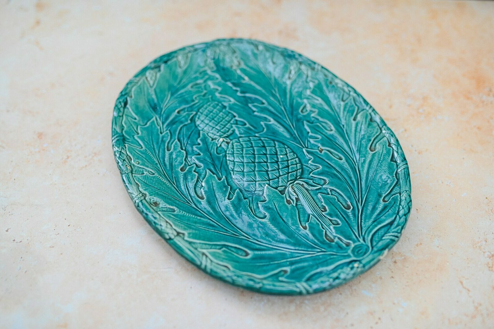 Asparagus And Artichokes Majolica Dish, French Green Majolica photo buy