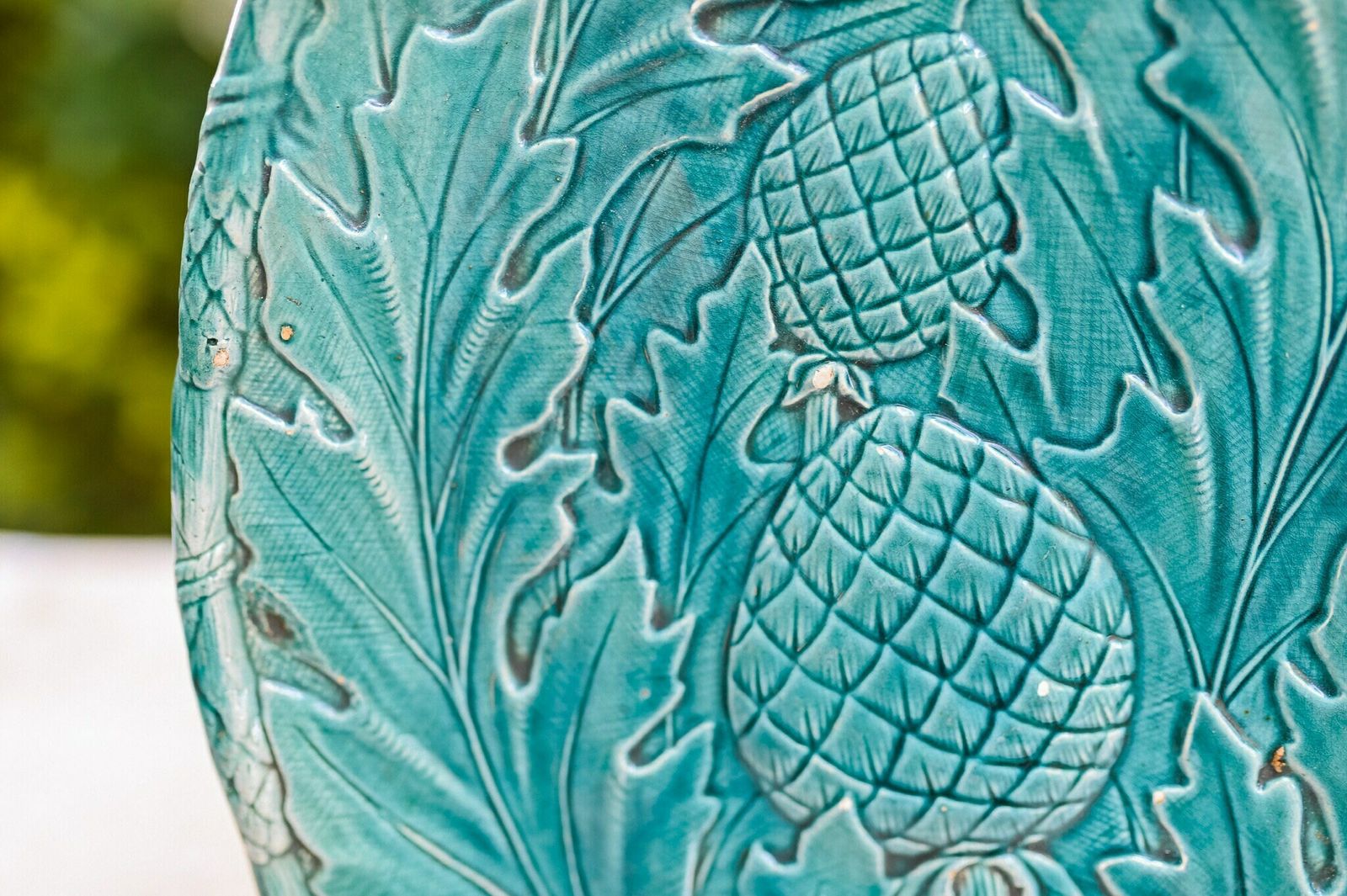 Asparagus And Artichokes Majolica Dish, French Green Majolica photo vintage