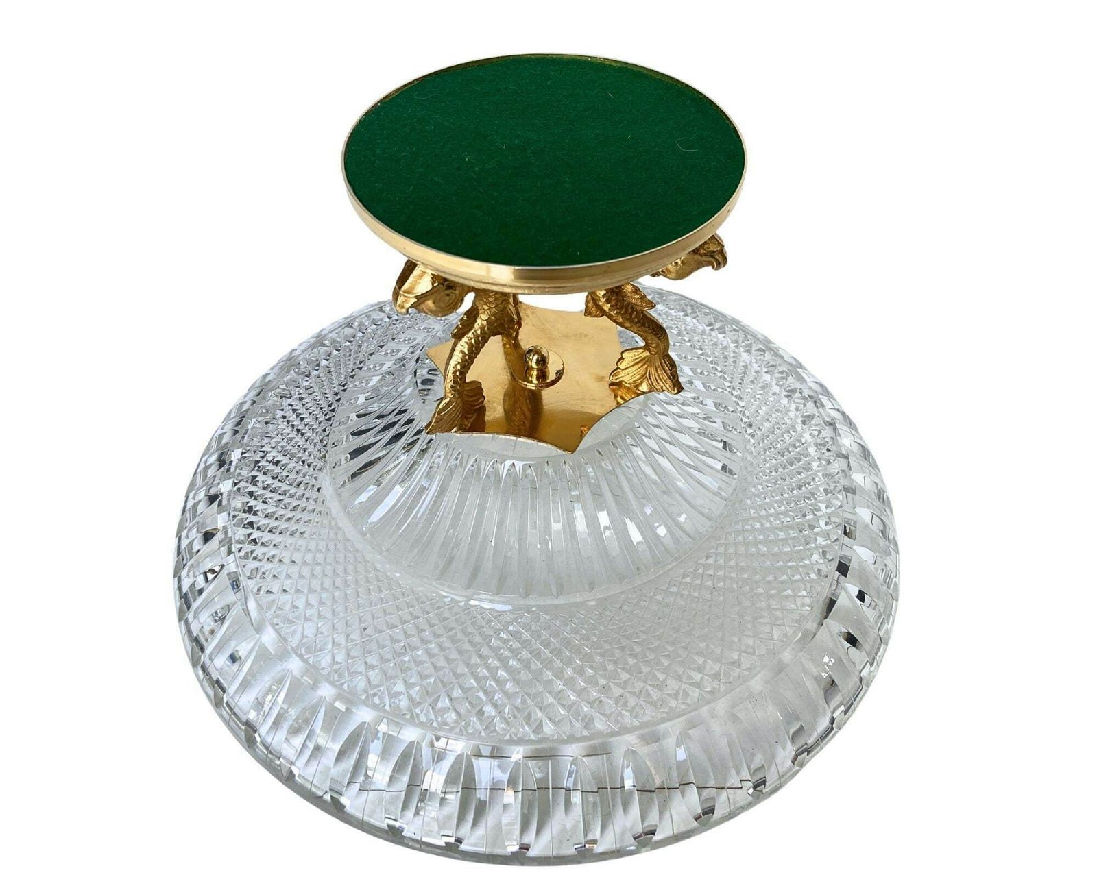 Franse Kristallen Schaal Op Voet | 1 Stuk | Surtout De Table | Dolfijnfiguren In Goud photo 686.0