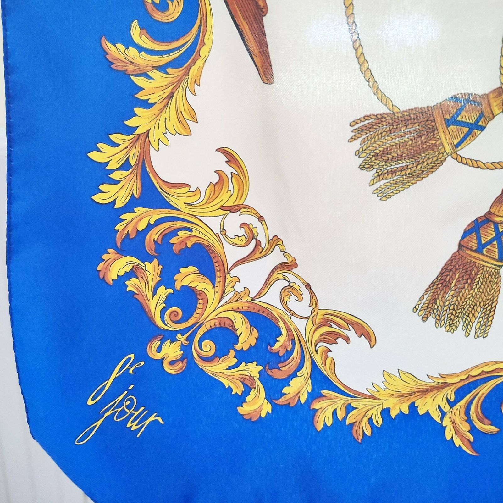 90's Rare Vintage Italian Scarf Inspired By The 8 Jour Fragrance By Yves Rocher   Made In Italy   Baroque Classical Gold Swag   Blue & Gold photo Textiles