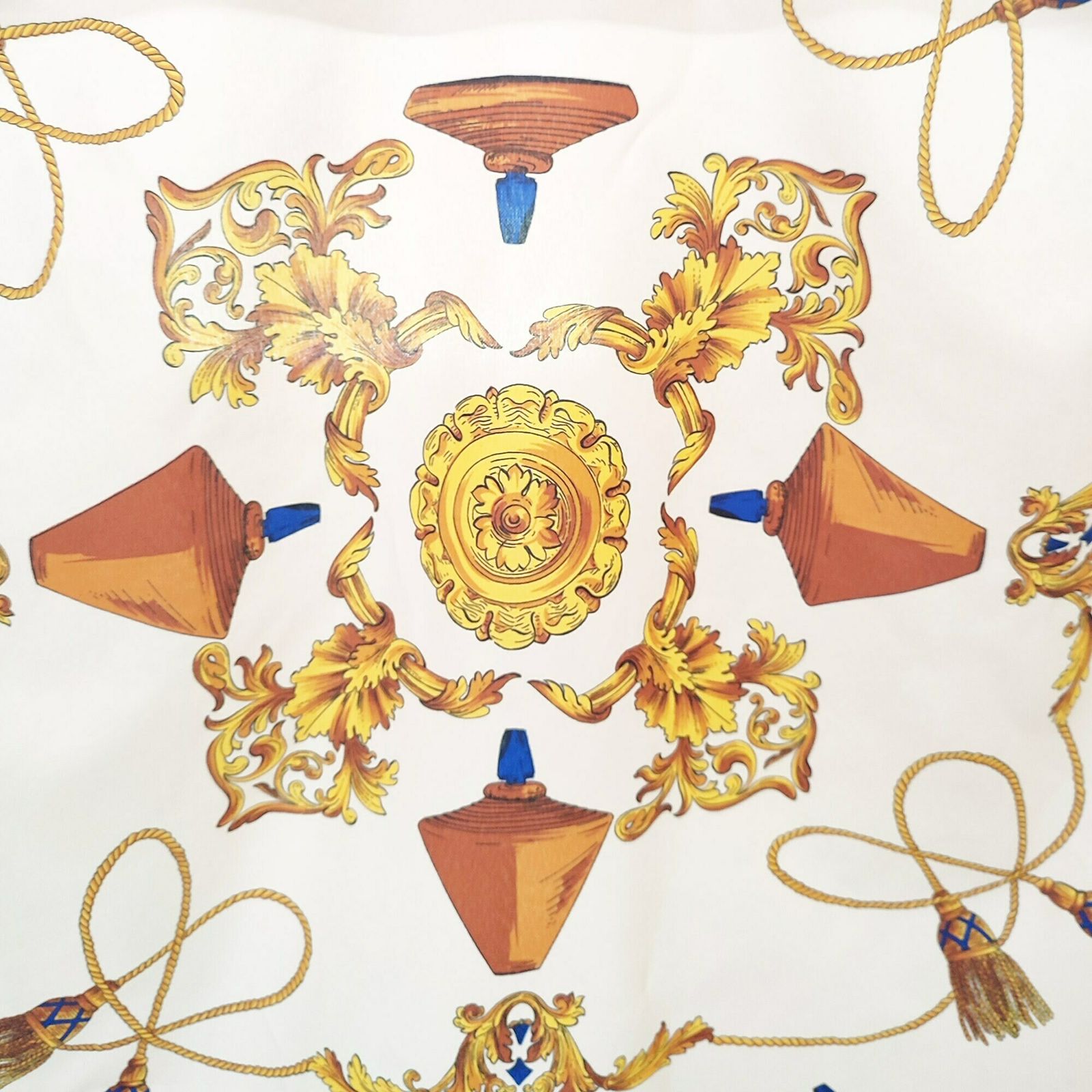 90's Rare Vintage Italian Scarf Inspired By The 8 Jour Fragrance By Yves Rocher   Made In Italy   Baroque Classical Gold Swag   Blue & Gold photo 50.0