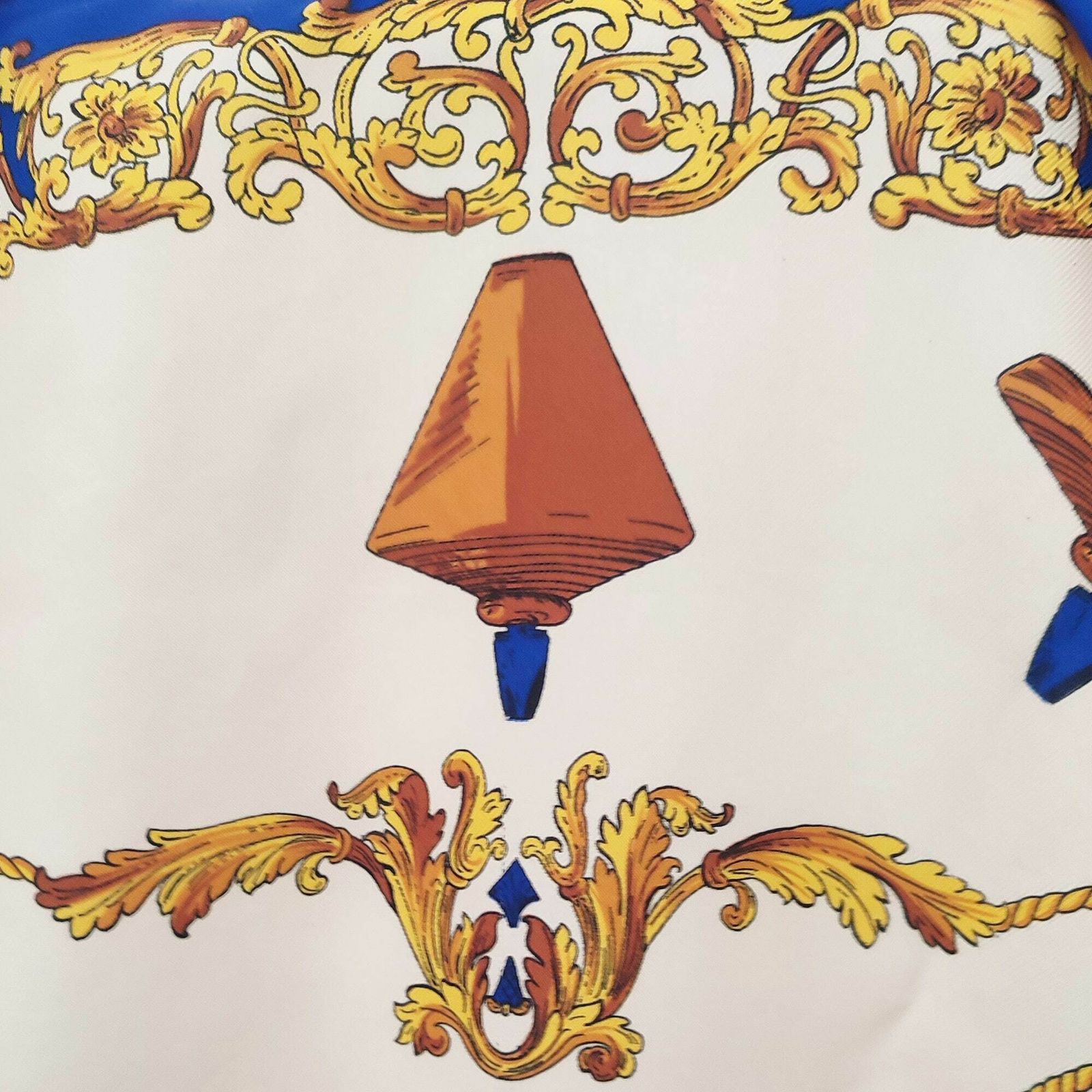 90's Rare Vintage Italian Scarf Inspired By The 8 Jour Fragrance By Yves Rocher   Made In Italy   Baroque Classical Gold Swag   Blue & Gold photo vinterior