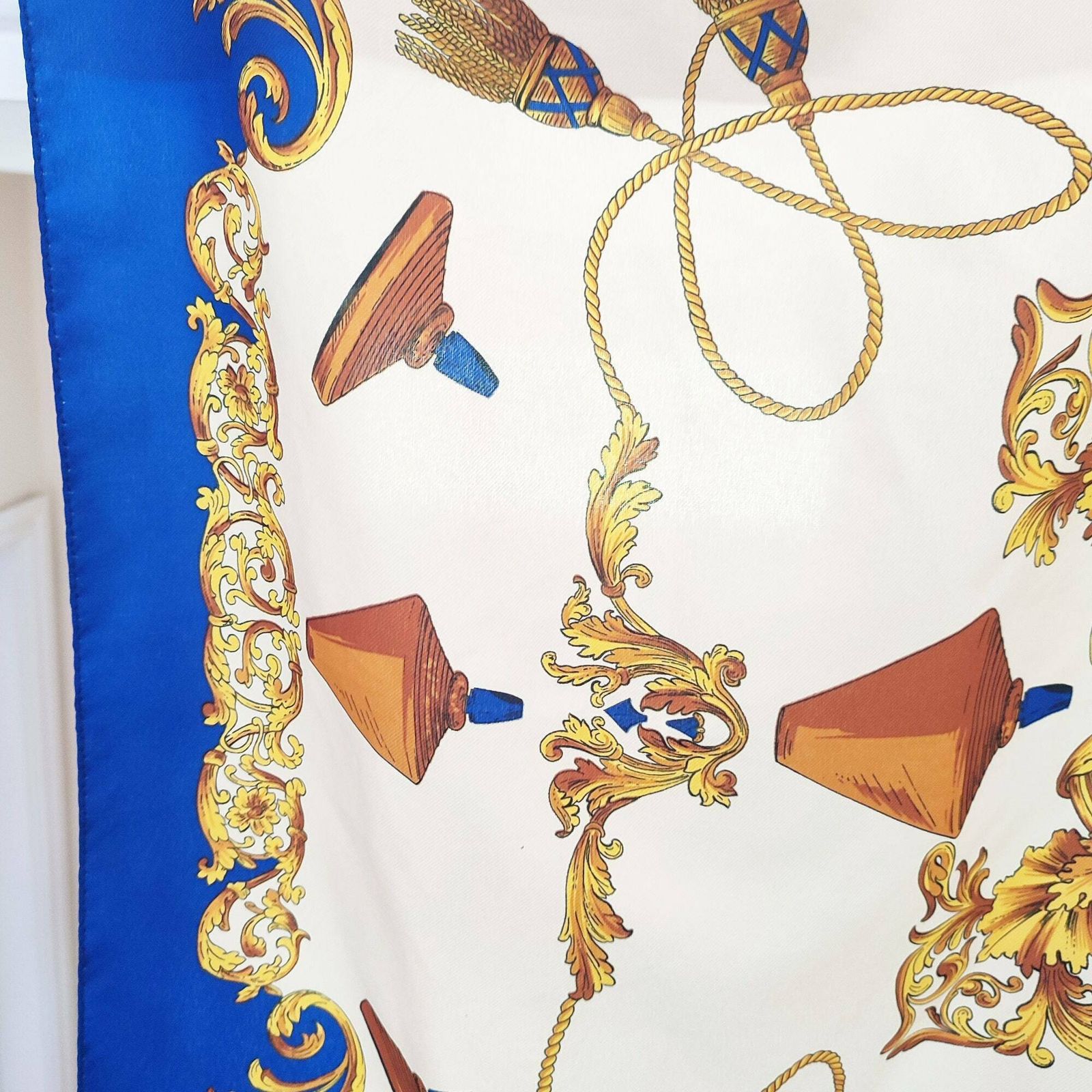 90's Rare Vintage Italian Scarf Inspired By The 8 Jour Fragrance By Yves Rocher   Made In Italy   Baroque Classical Gold Swag   Blue & Gold photo vintage