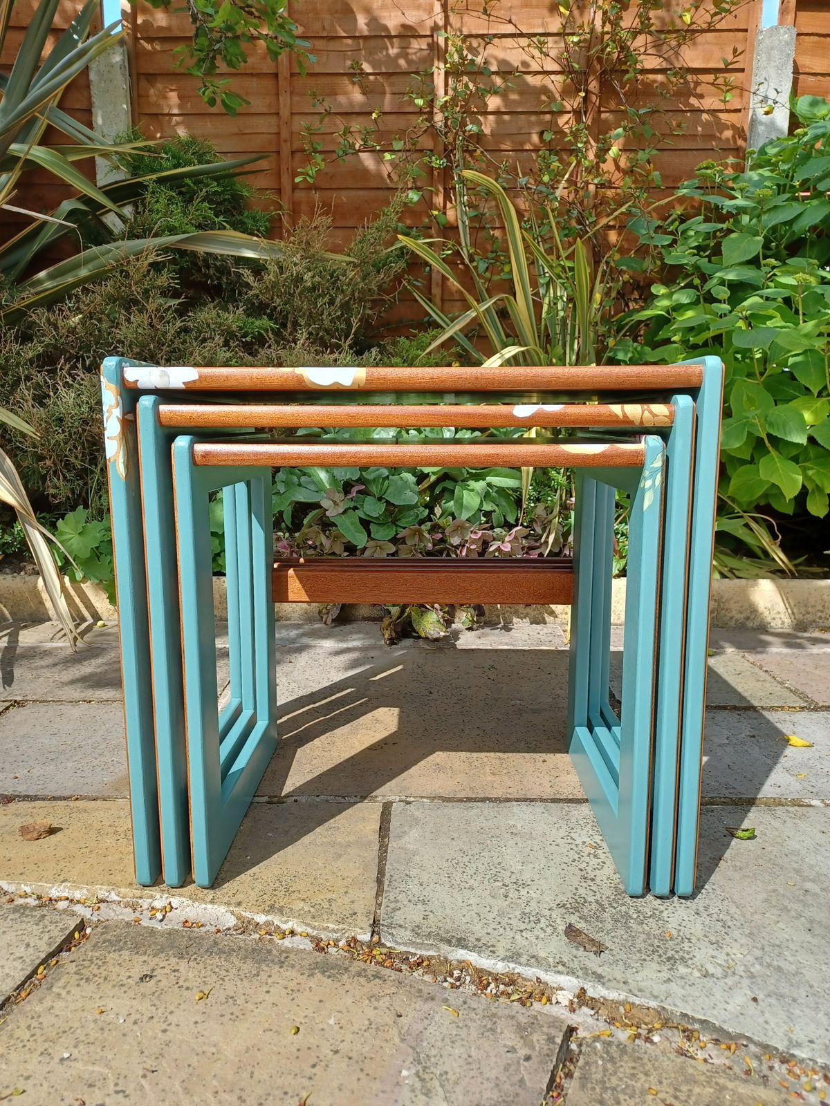 Furniture G Plan Nest Of Tables Upcycled Green And Natural Wood photo