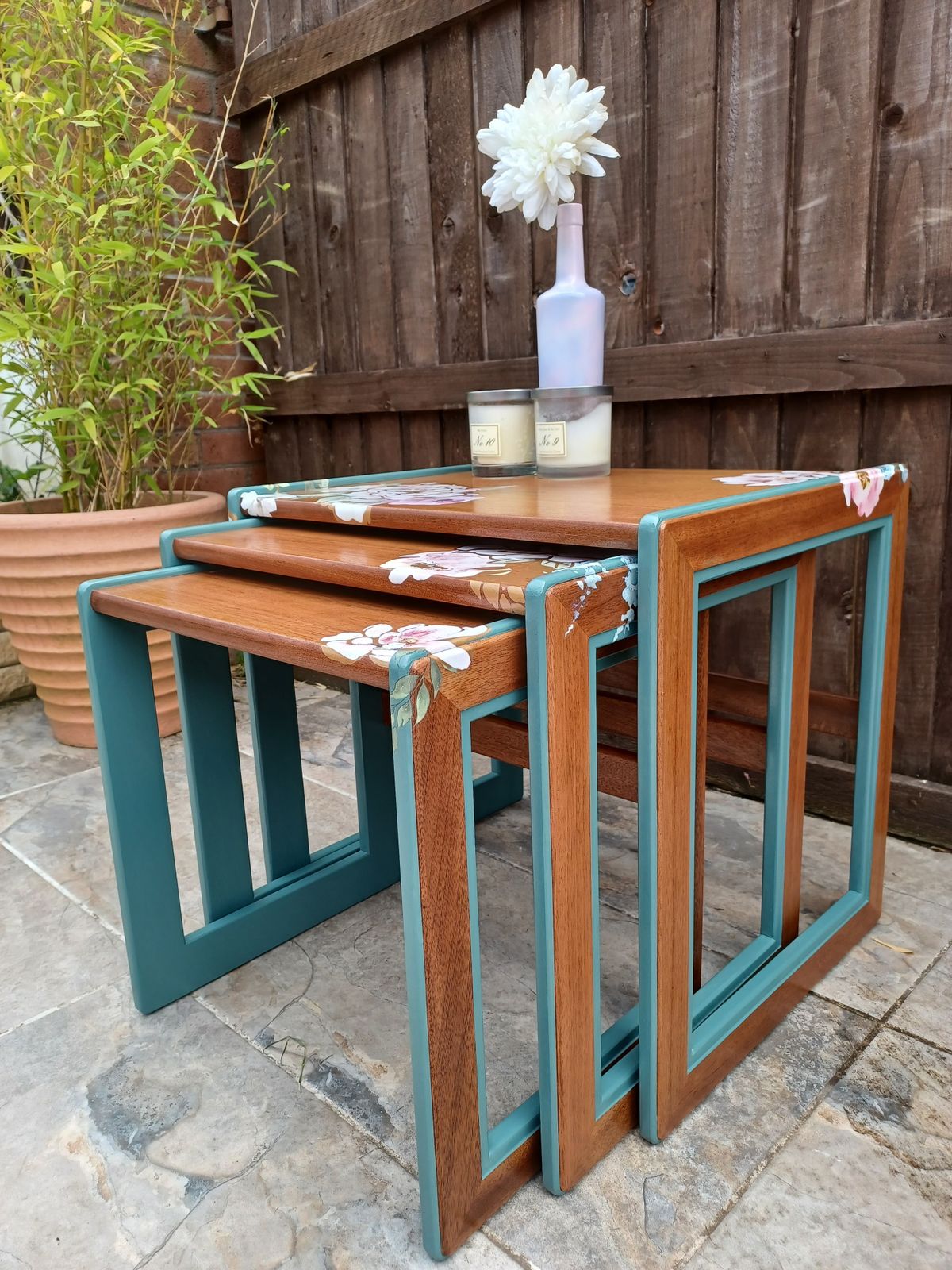 345.0 G Plan Nest Of Tables Upcycled Green And Natural Wood photo