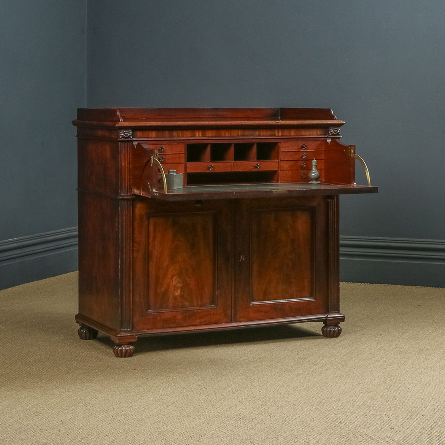 English Regency Flame Mahogany Secretaire Desk Bureau Chest Of Drawers By Gillows Of Lancaster (Circa 1830)