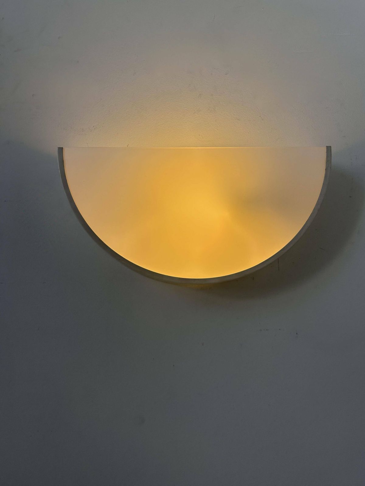 Vintage Half Circle Wall Lamp, White Lacquered Metal And Opaline Glass, France 1970 photo for sale