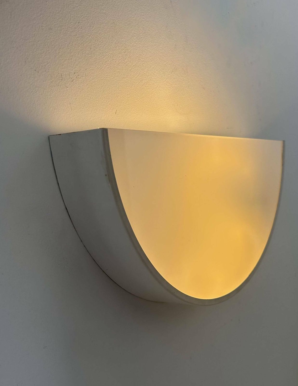 Vintage Half Circle Wall Lamp, White Lacquered Metal And Opaline Glass, France 1970 photo buy