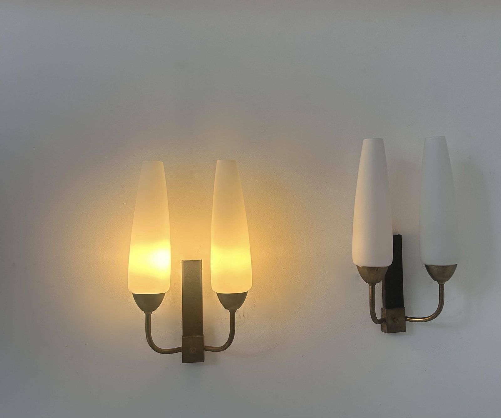 Pair Of Vintage Double Wall Lights, Brass And Opaline, France 1950 photo for sale