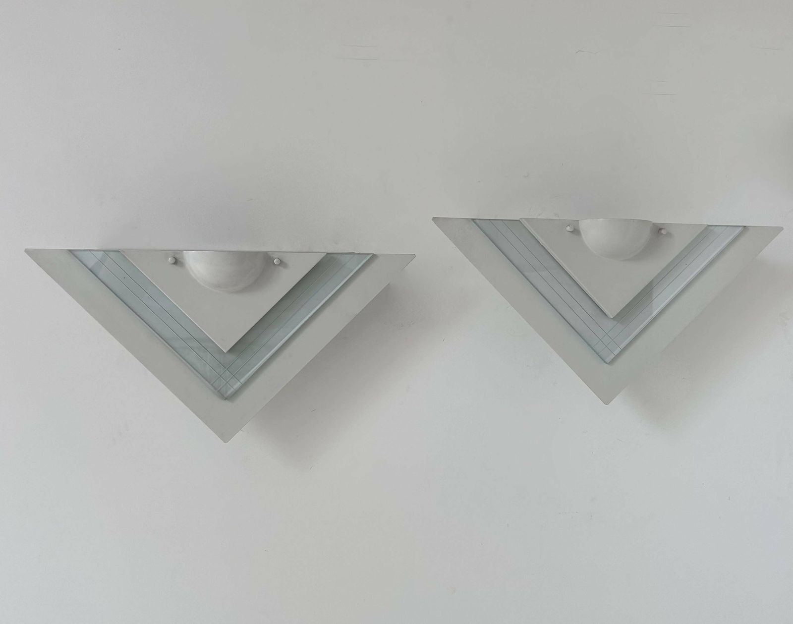 Lighting Pair Of Vintage Wall Lights, White Lacquered Metal And Glass, Germany 1970 photo
