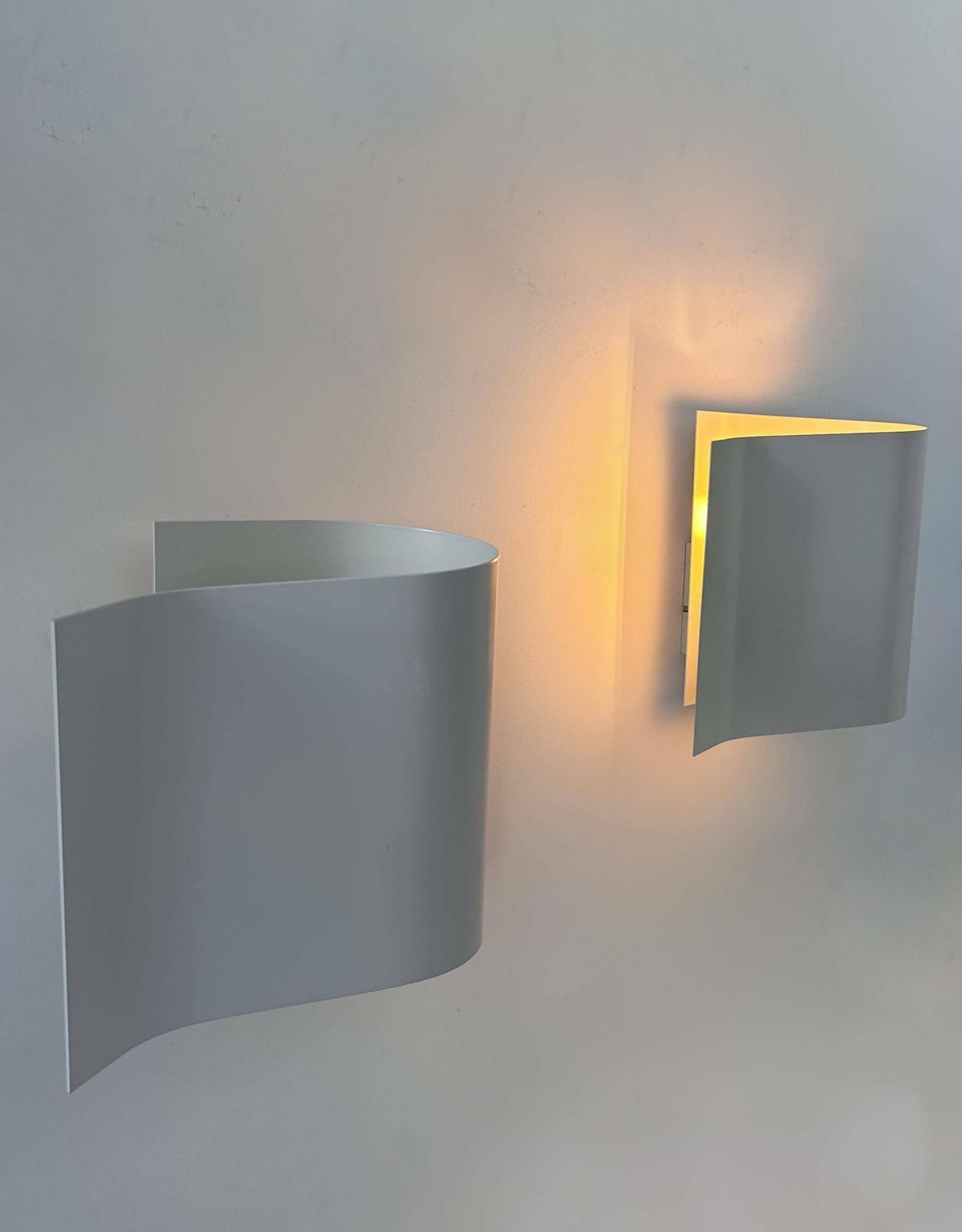 Pair Of Vintage Wall Lights, Curved White Lacquered Metal, France 1980 photo furniture