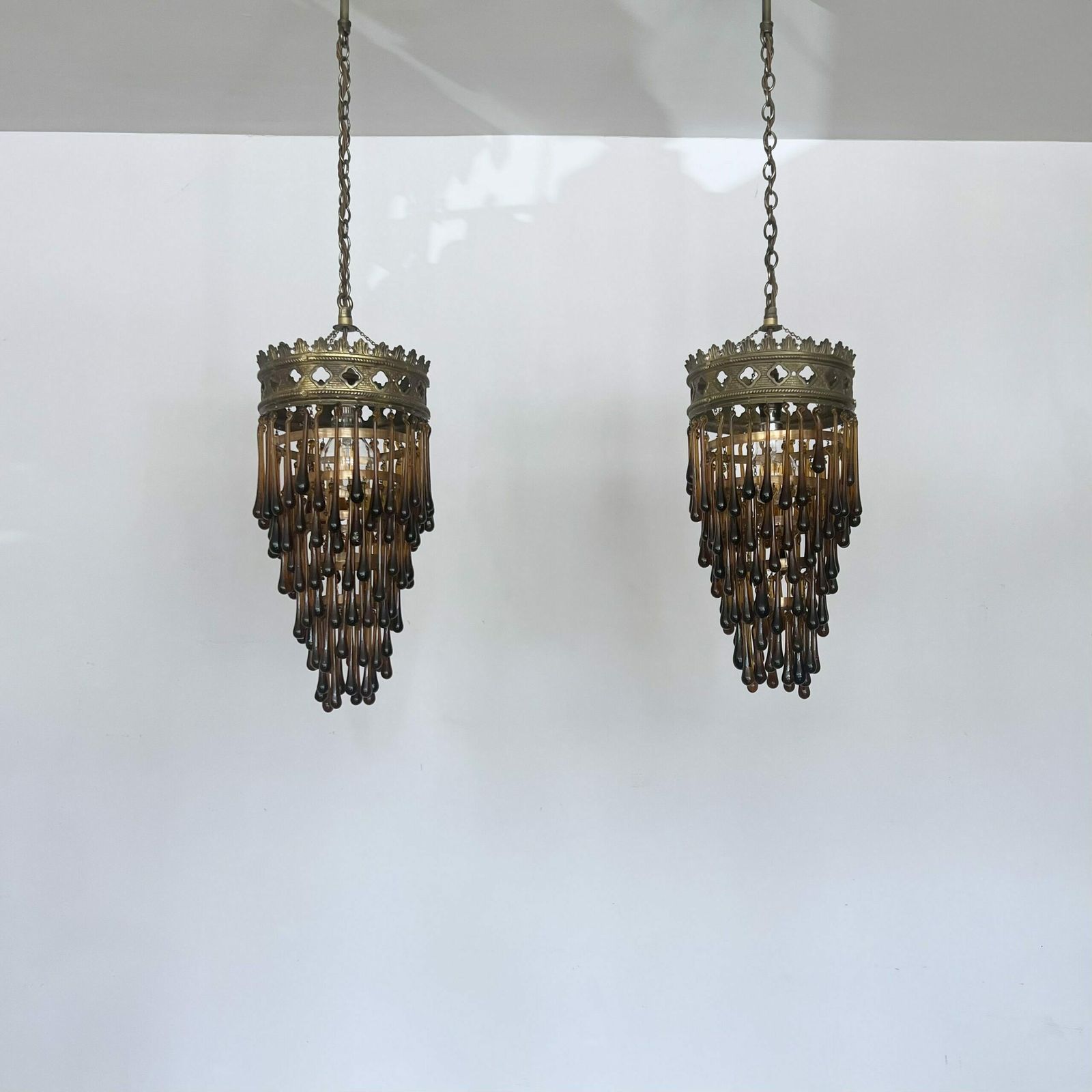 Antique Brass Waterfall Chandelier With Brown Glass Teardrops photo furniture