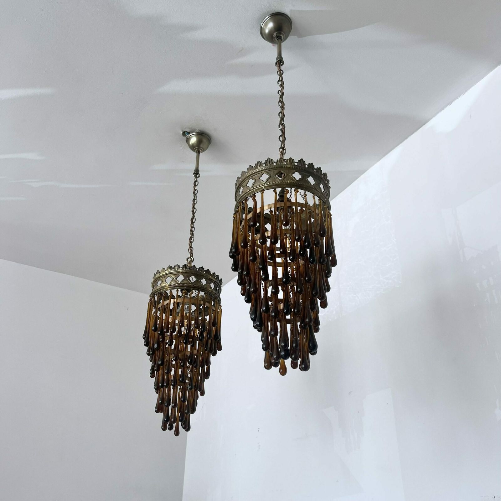 Antique Brass Waterfall Chandelier With Brown Glass Teardrops photo for sale