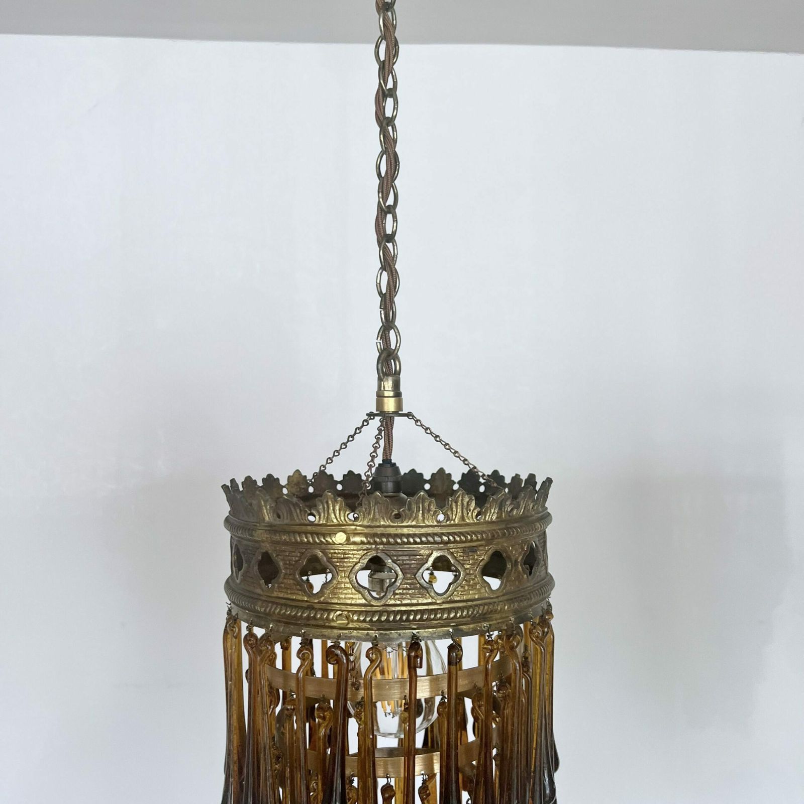 Antique Brass Waterfall Chandelier With Brown Glass Teardrops photo buy