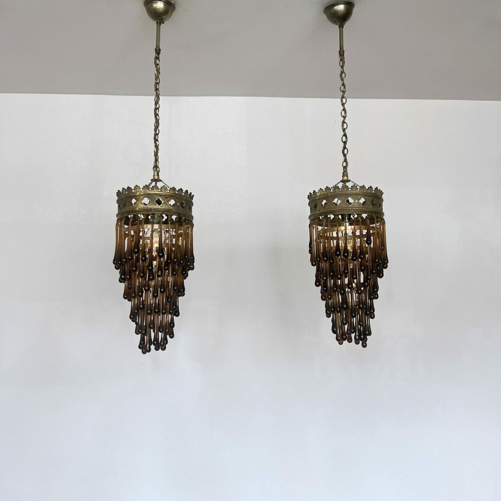 Antique Brass Waterfall Chandelier With Brown Glass Teardrops photo vintage