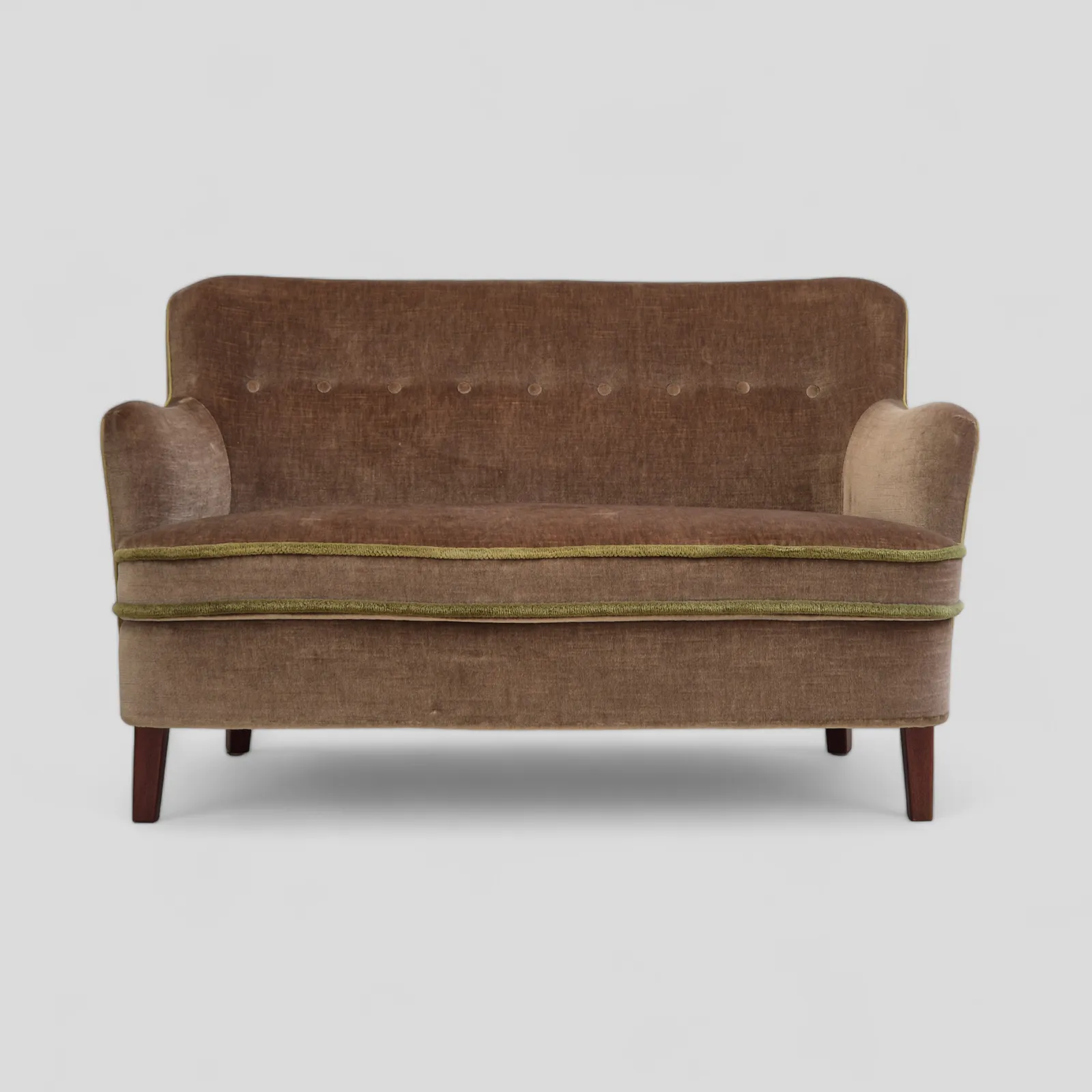 Deens 2 Zits Bankstel, Ca. Jaren 1960, Meubilairvelours Bekleding, Beukenhouten Poten.