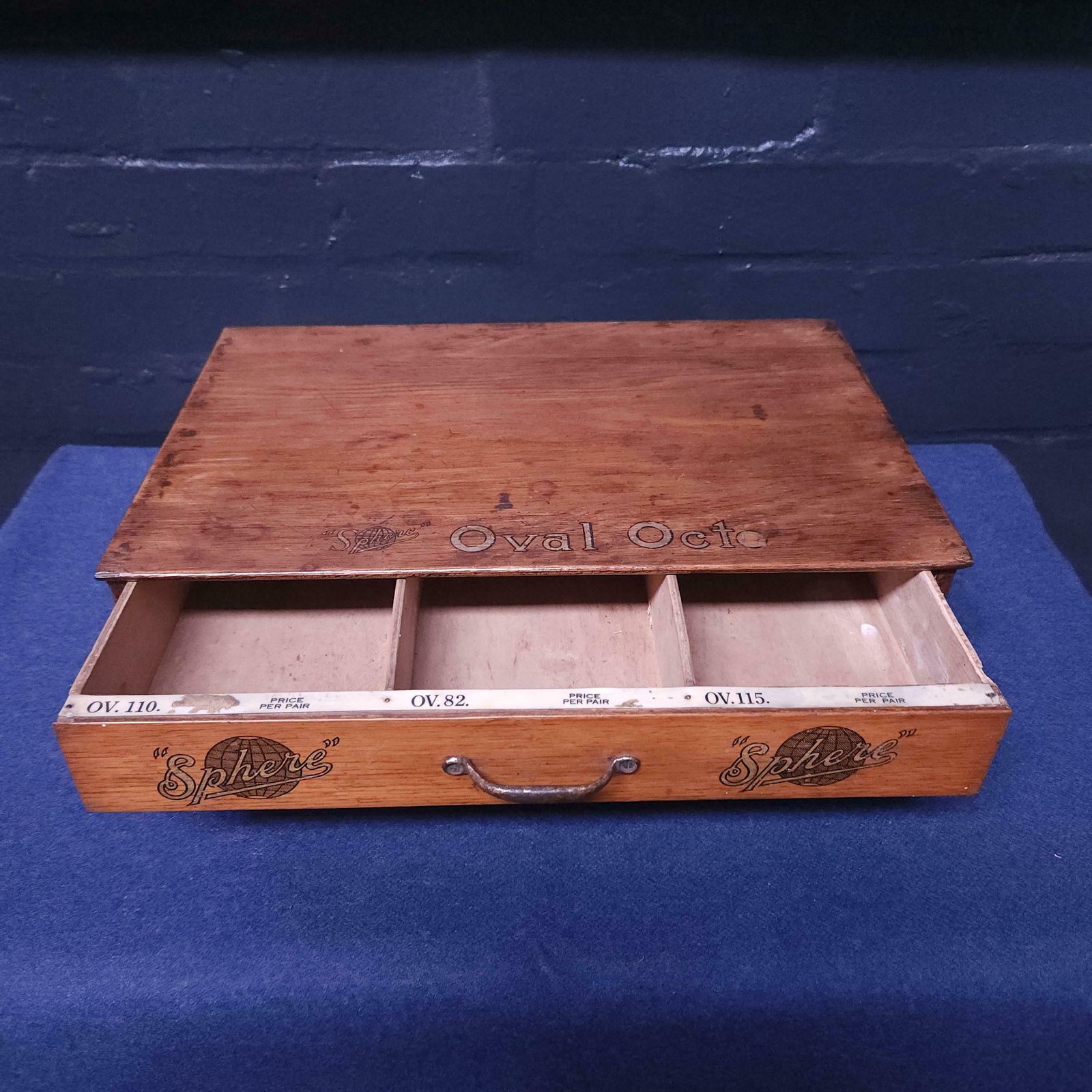 Early 20thc Retail Counter Top Haberdashery Drawers For Sphere Oval Oct Suspenders photo for sale
