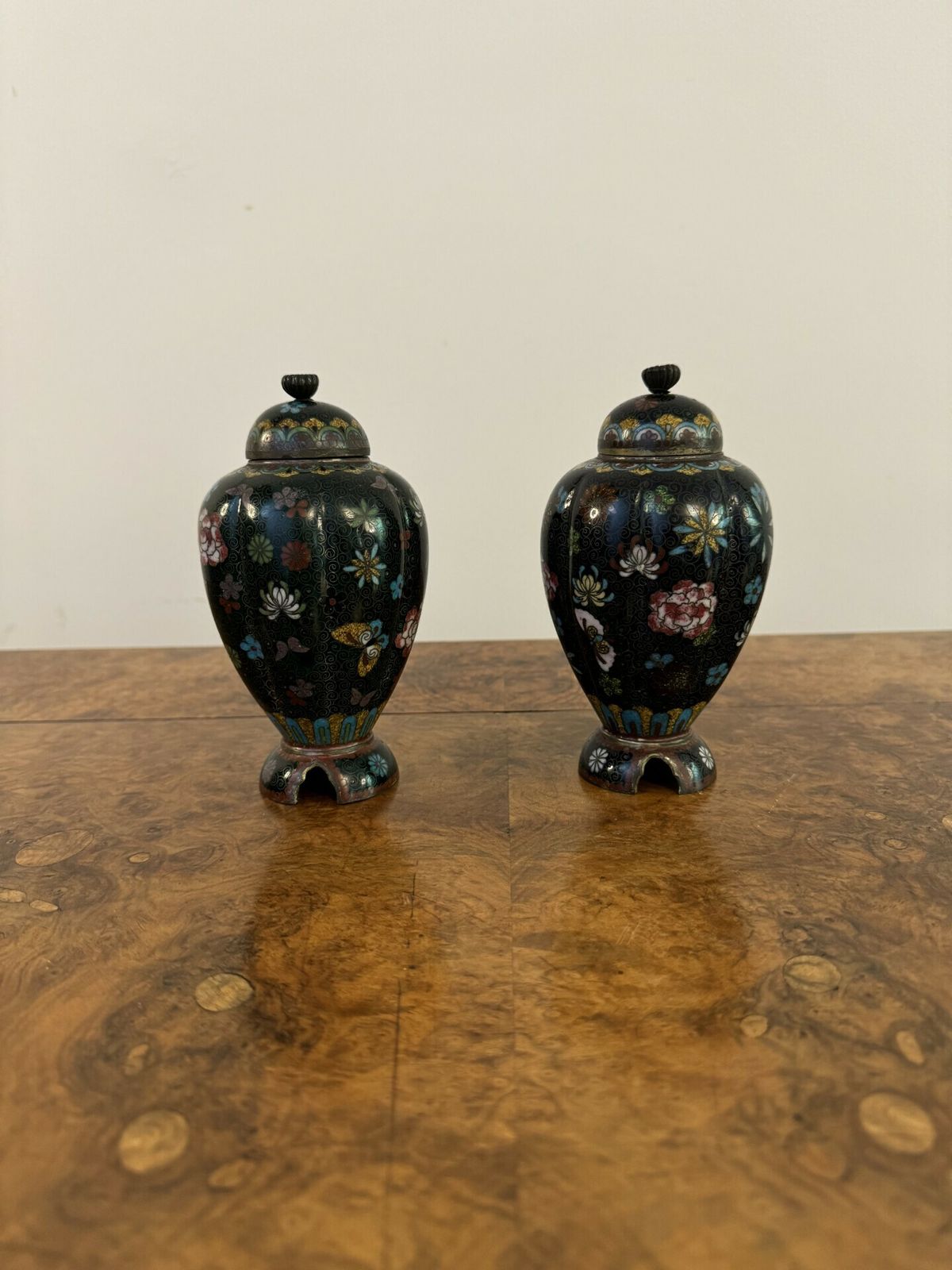 Lovely Pair Of Antique Cloisonne Lidded Vases