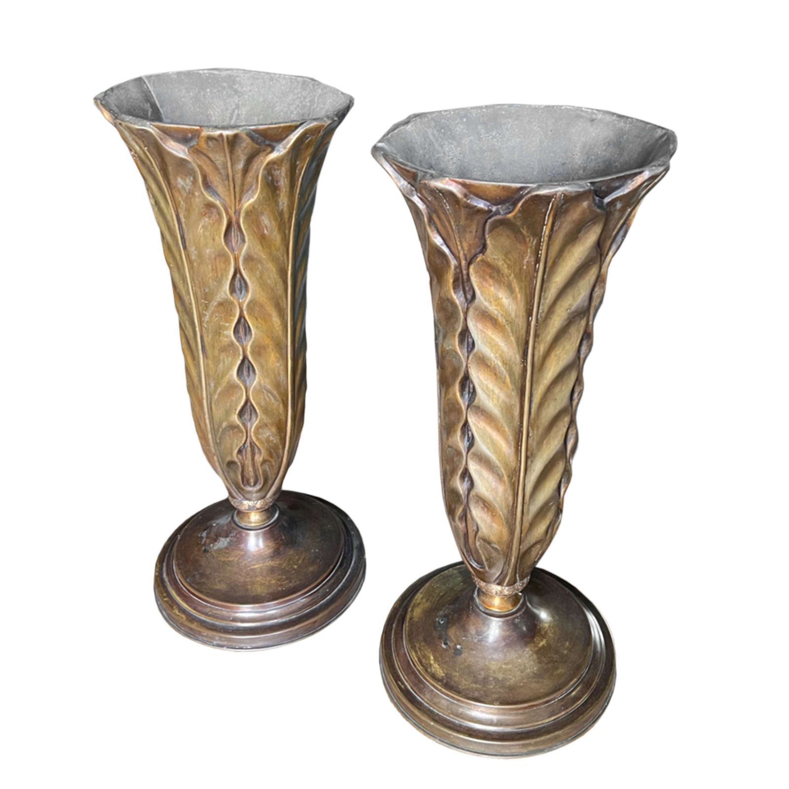 French 1940s Large Pair Of Patinated Brass Uplighters photo furniture