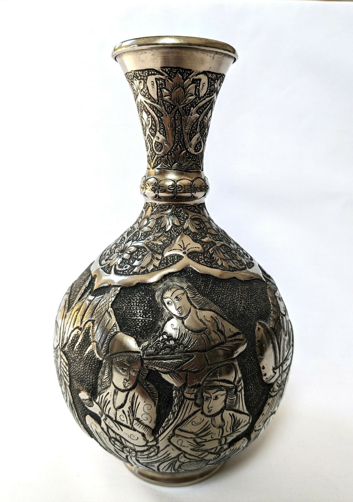 Vintage Islamic Ghalamzani Silver Vase With Deep Relief Carving photo Home Decor