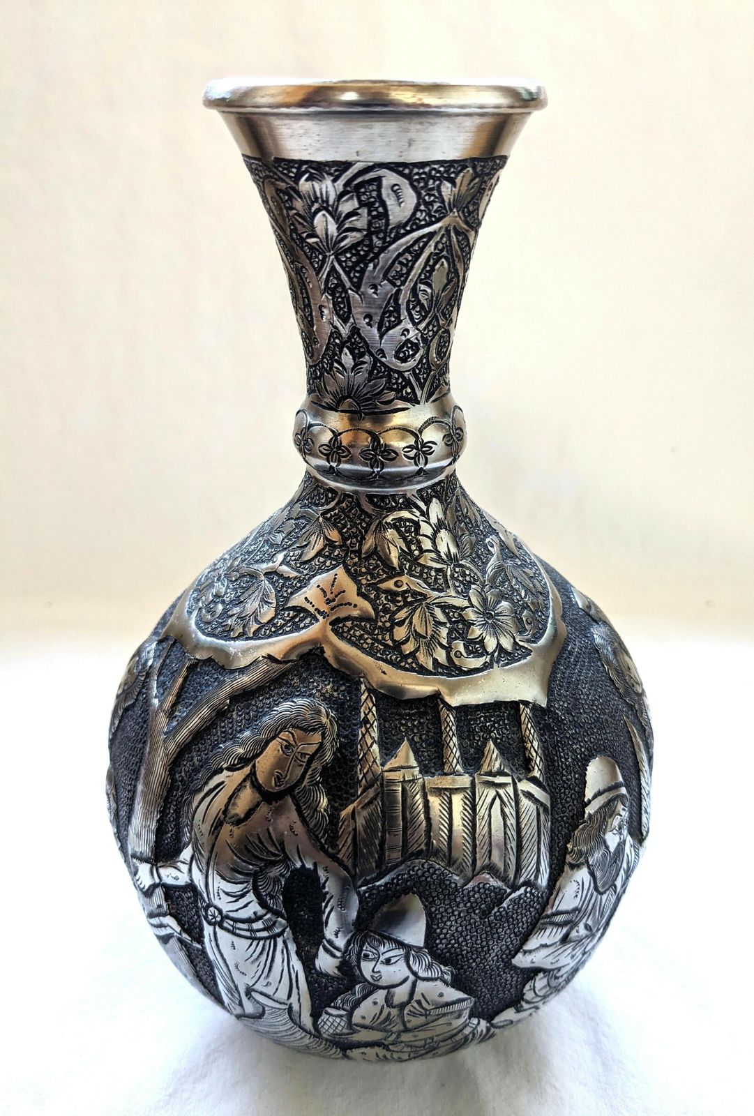 Vintage Islamic Ghalamzani Silver Vase With Deep Relief Carving