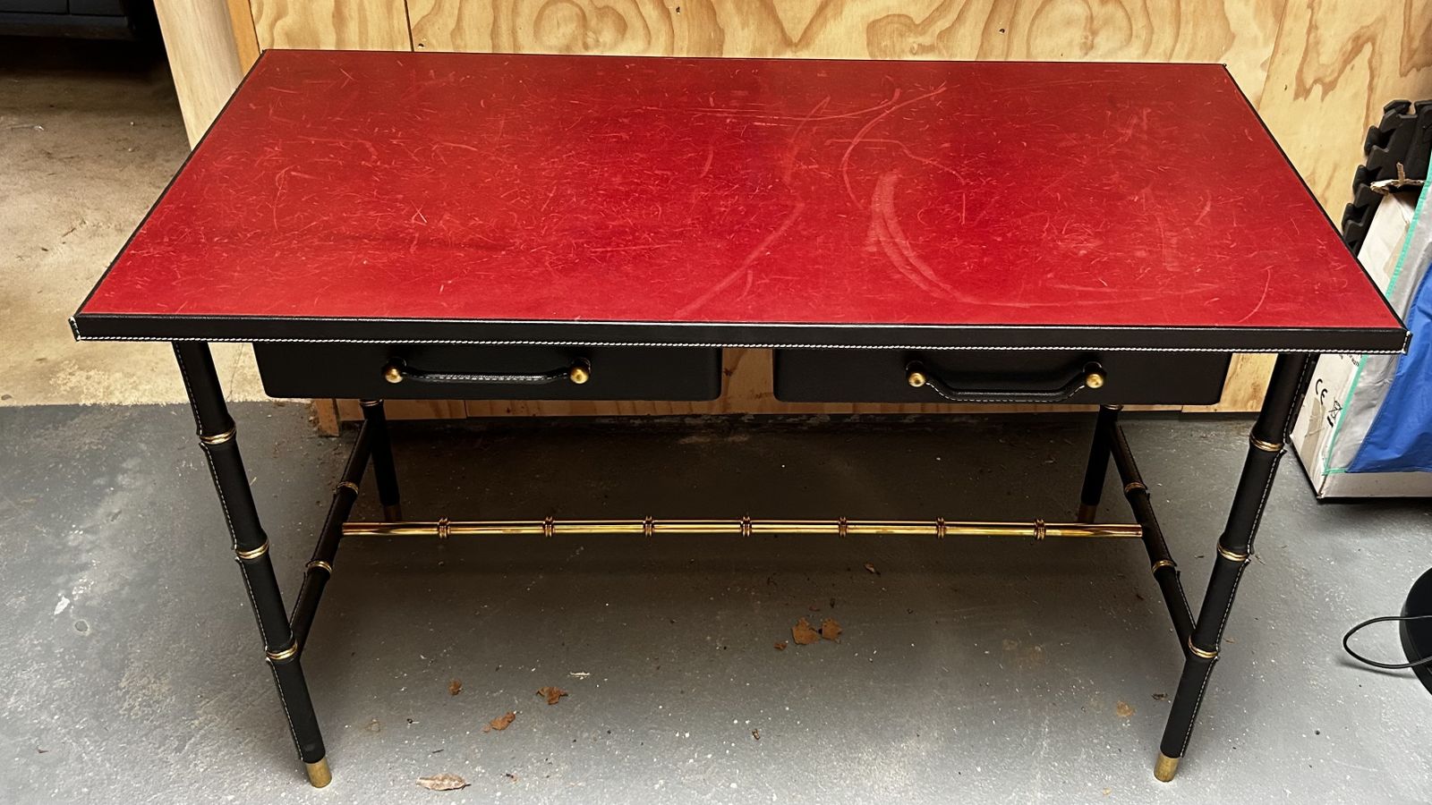 Jacques Adnet Style Leather Top Writing Desk With Bamboo Style Leather Wrapped Legs And Brass Details photo furniture