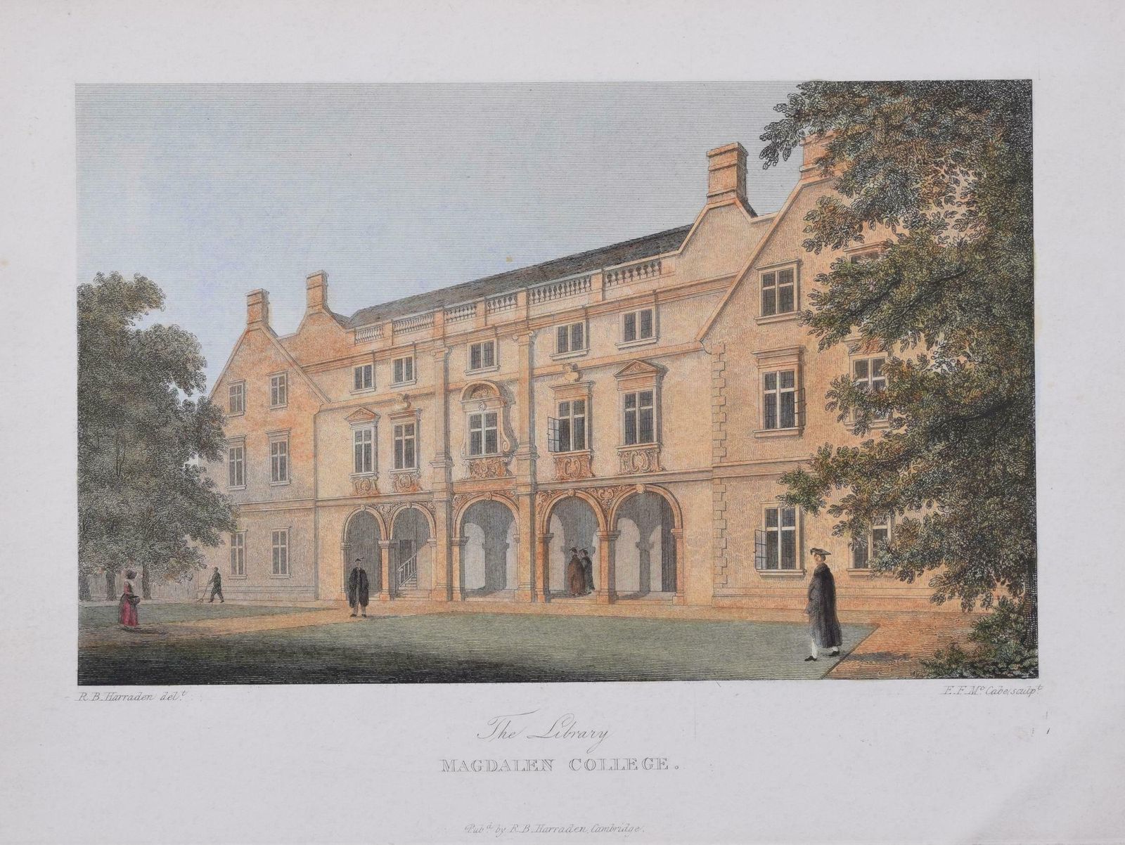 Magdalene College, Cambridge Pepys Library Hand Coloured Etching After Harraden